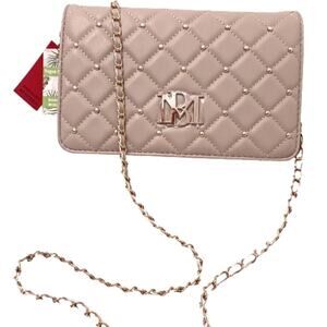 Badgley Mischka Beige Crossbody Diamond Quilted Braided Chainstrap Elegant Chic
